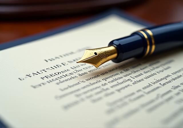 Close up of a premium fountain pen resting on a meticulously drafted legal document
