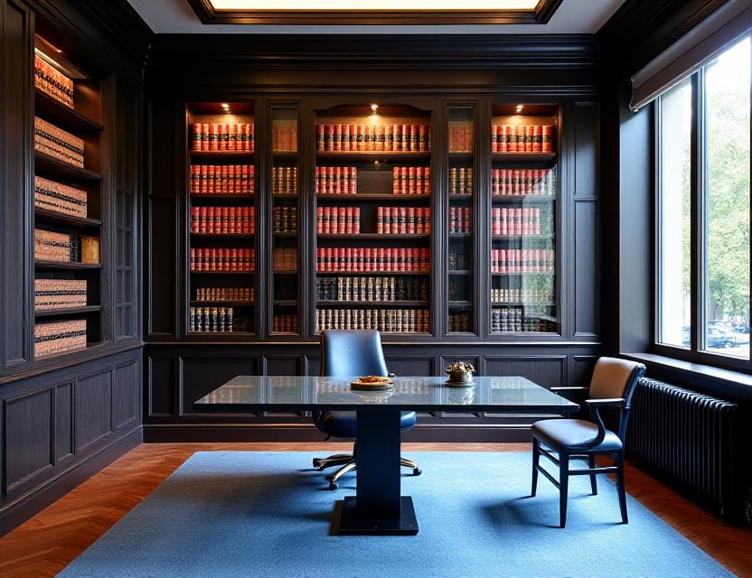 Scriptweave Legal office interior in Chelsea, London, showing a blend of modern legal books and traditional inkwells
