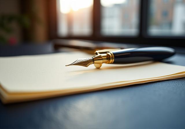 Close-up of a fountain pen and legal parchment in a modern London law office