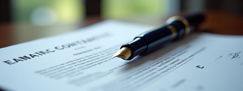 Close up of a fountain pen and professional legal documents on a dark desk